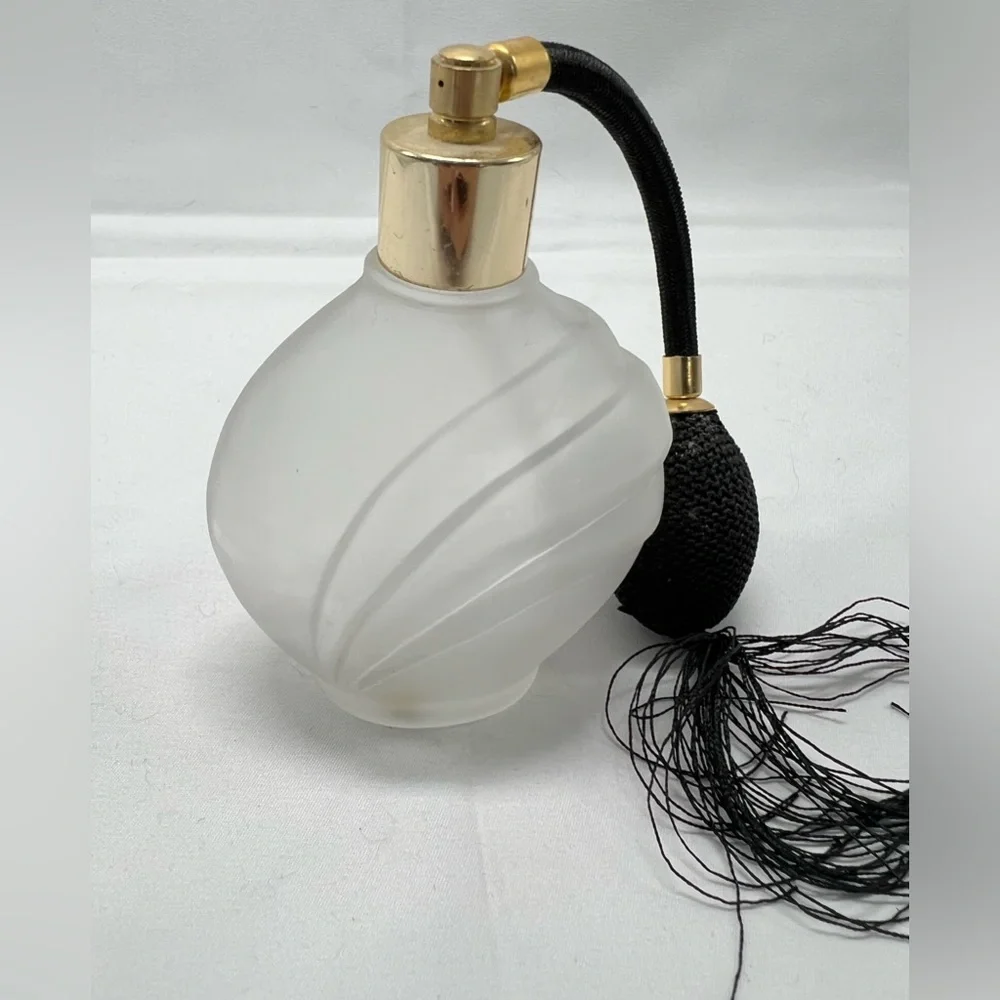 Vintage Frosted Swirl Glass with Black Pump Atomizer & Gold Accents (empty)